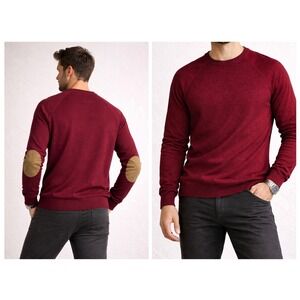 Zara Man Basic Burgundy Cotton Sweater with Elbow Patches Size L
